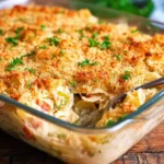Delicious Classic Tuna Noodle Casserole served in a baking dish with a golden crust.