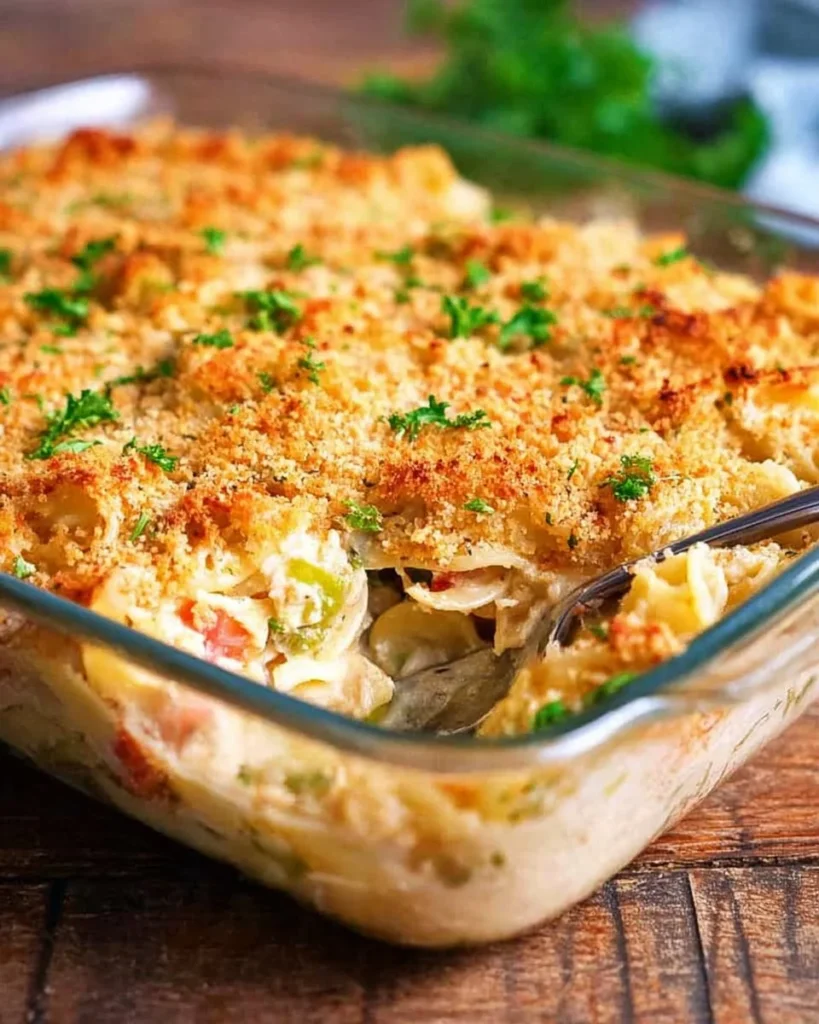 Delicious Classic Tuna Noodle Casserole served in a baking dish with a golden crust.