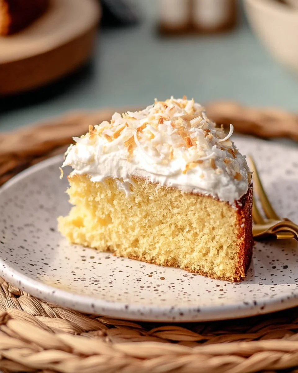 Sliced Coconut Almond Cake with coconut flakes and almond slices on a plate