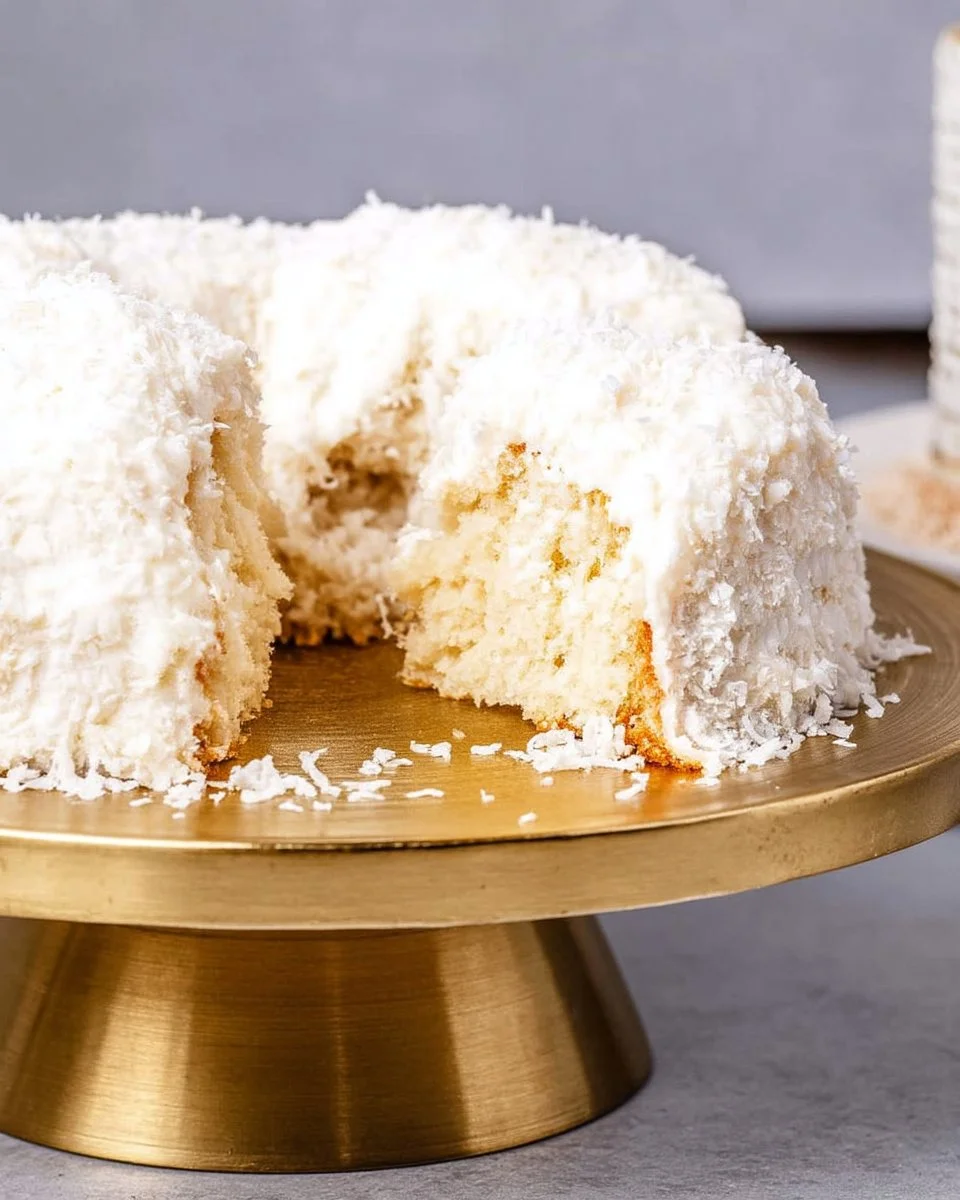 Delicious coconut cake with creamy frosting garnished with toasted coconut flakes.