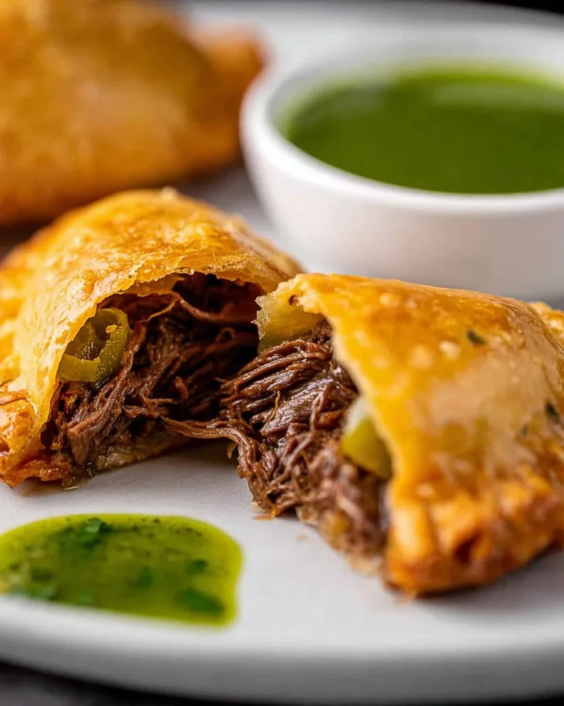 Delicious homemade beef empanada on a plate, showcasing golden crust and savory filling.