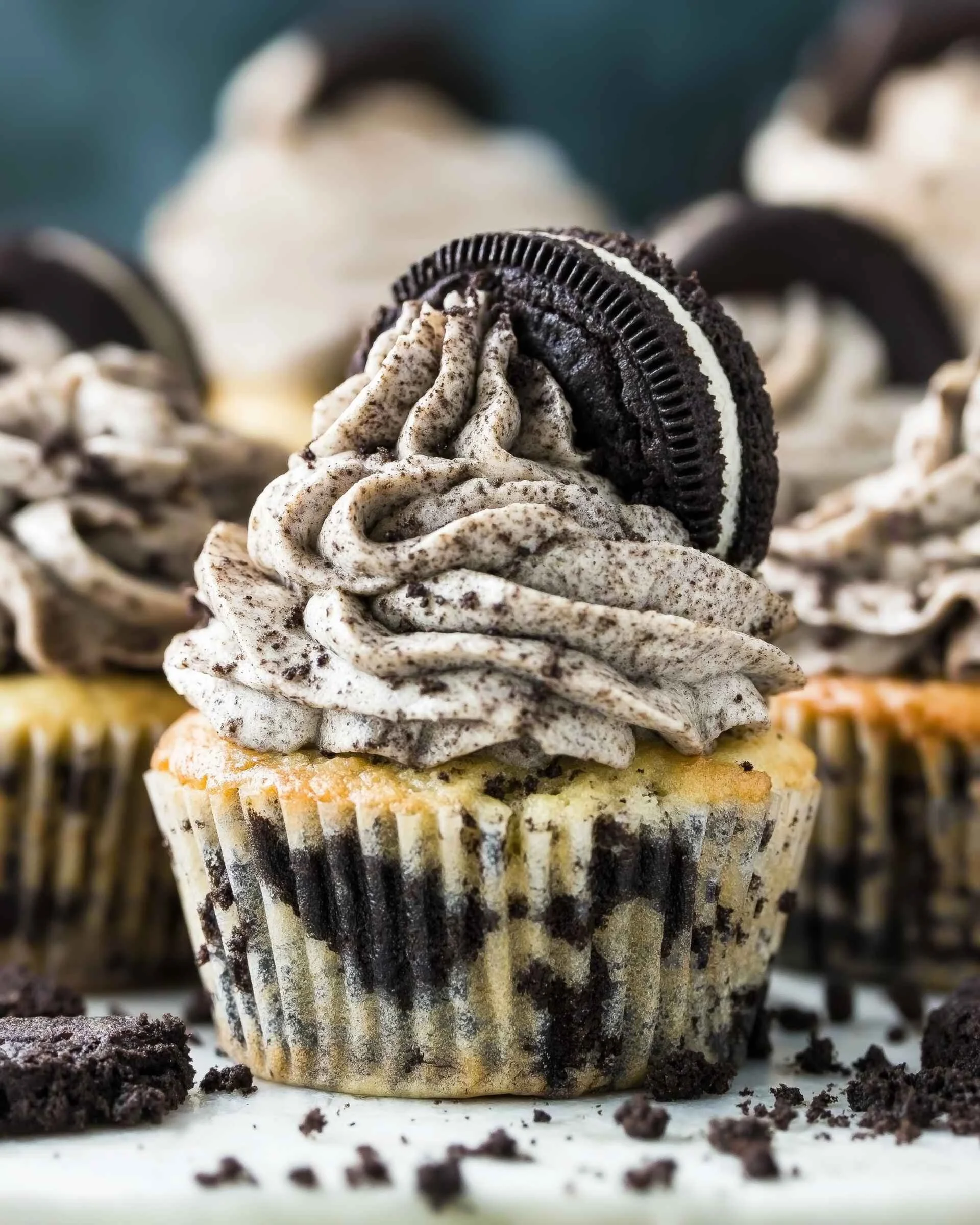Delicious Cookies and Cream Cupcakes topped with crushed cookies