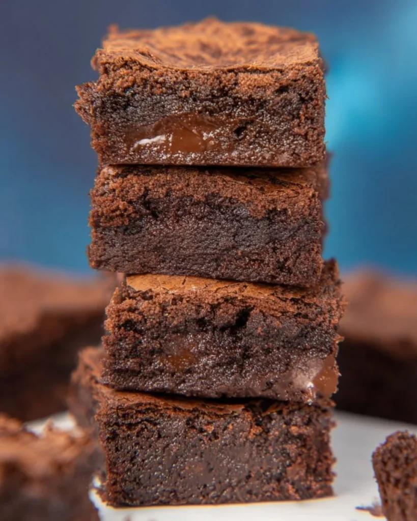 Guilt-free cottage cheese brownies on a plate garnished with chocolate drizzle.