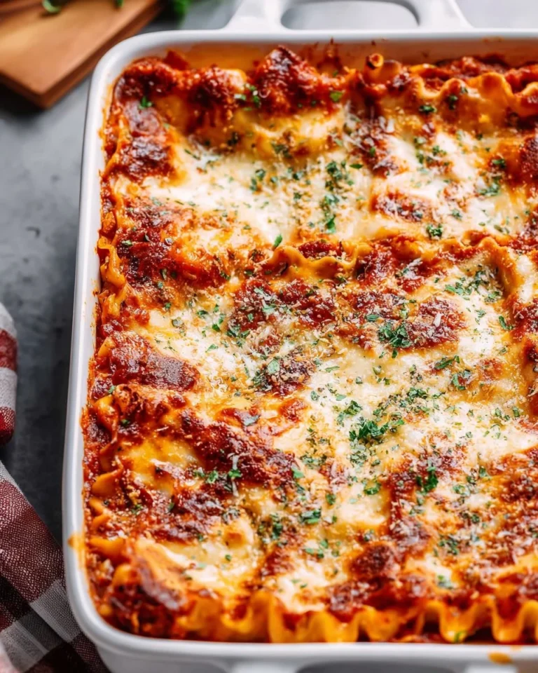 A hearty serving of cottage cheese lasagna layered with rich tomato sauce and cheese.