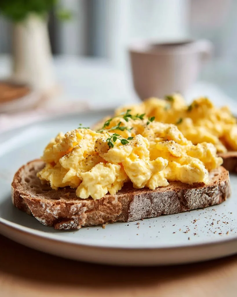 A bowl of cottage cheese scrambled egg topped with herbs and spices.
