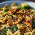 Cowboy Butter Lemon Bowtie Chicken with Broccoli dish on a plate