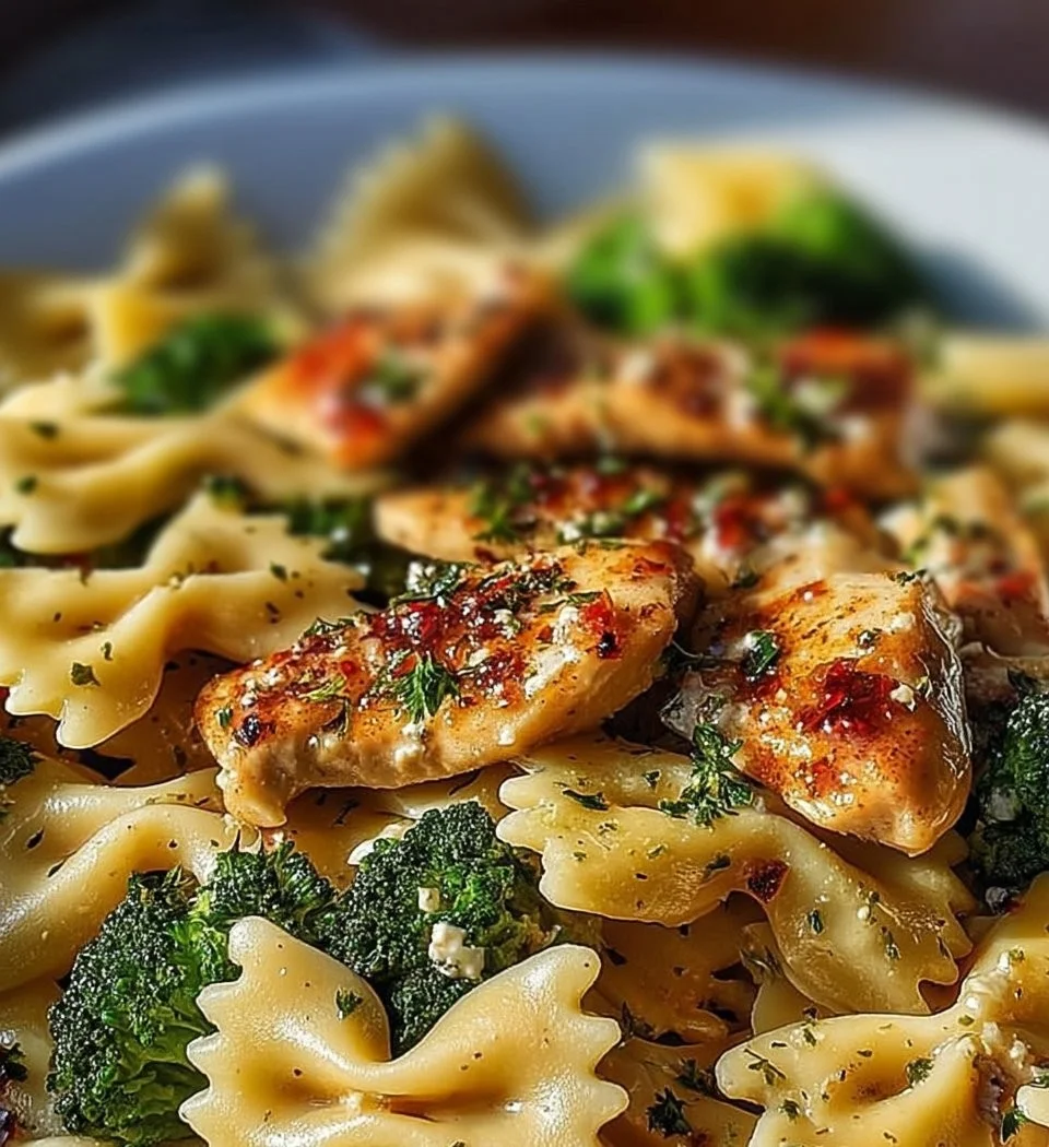 Cowboy Butter Lemon Bowtie Chicken with Broccoli dish on a plate