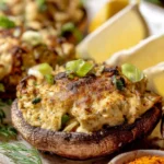 Crab stuffed portobello mushrooms topped with herbs and cheese