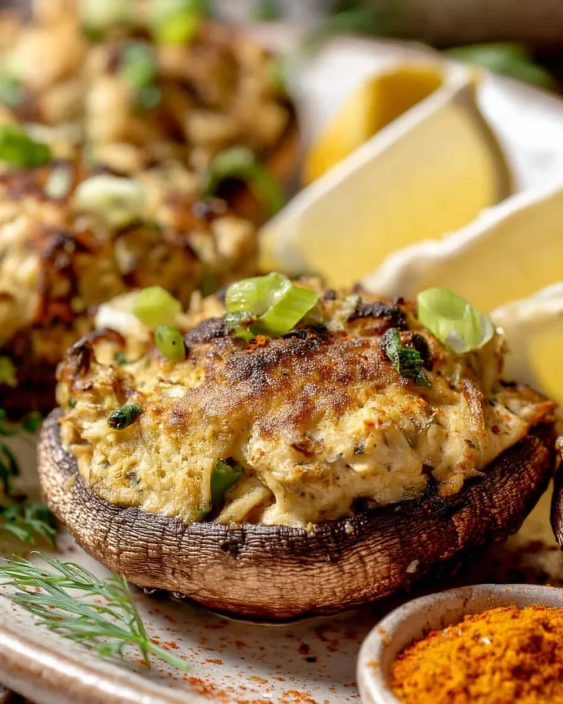 Crab stuffed portobello mushrooms topped with herbs and cheese