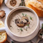 Delicious bowl of cream of mushroom soup garnished with fresh herbs.