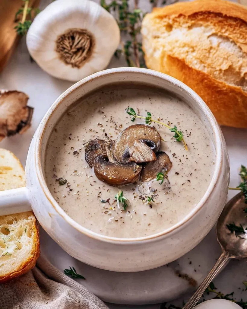 Delicious bowl of cream of mushroom soup garnished with fresh herbs.