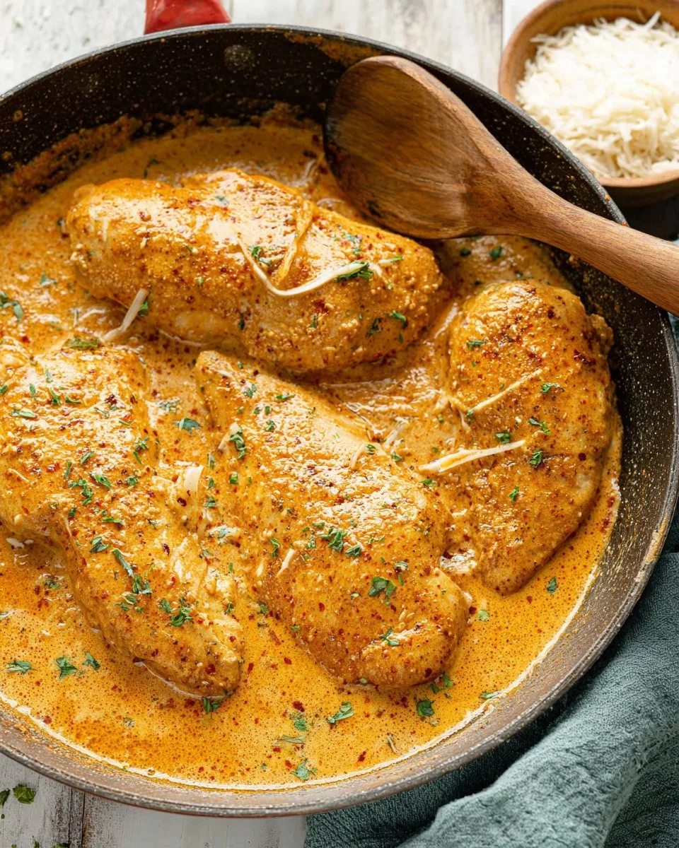 Creamy Cajun Chicken served on a plate with herbs and spices.