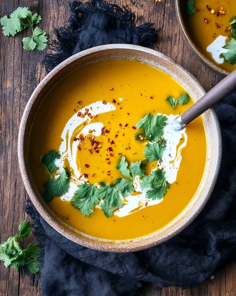 Creamy carrot turmeric soup served in a bowl with fresh herbs on top.