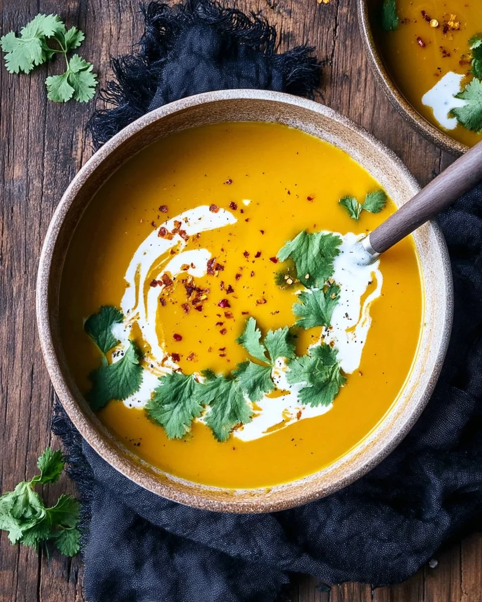 Creamy carrot turmeric soup served in a bowl with fresh herbs on top.