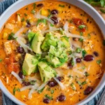 Bowl of creamy chicken enchilada soup garnished with herbs and cheese