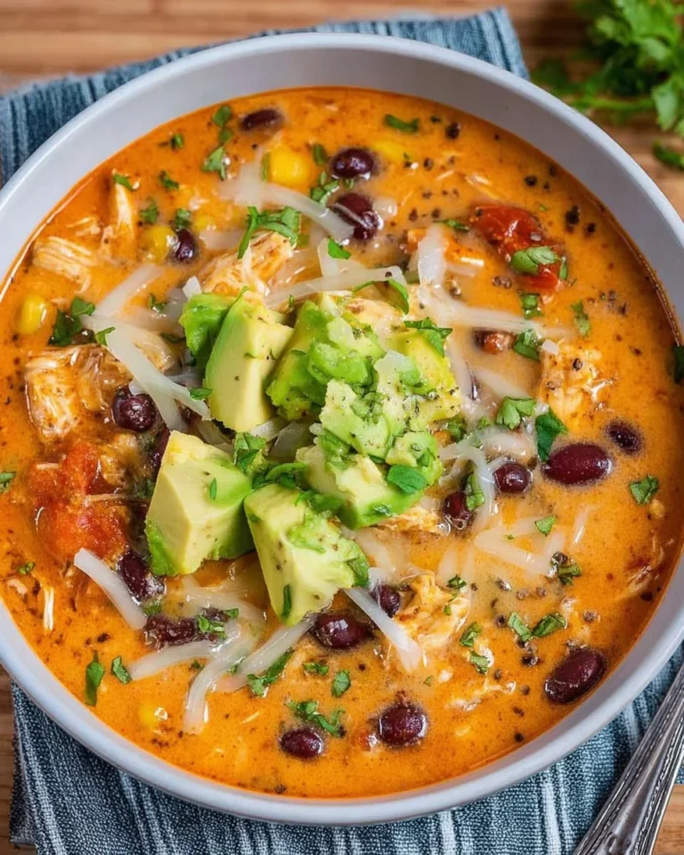 Bowl of creamy chicken enchilada soup garnished with herbs and cheese