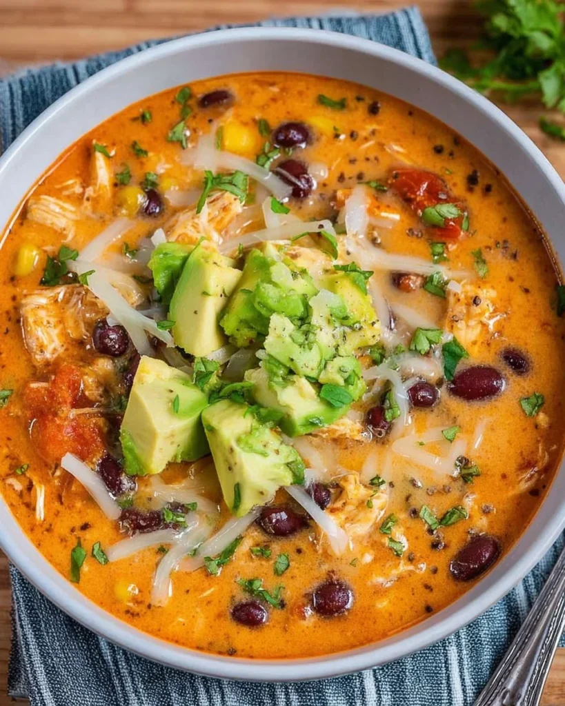 Bowl of creamy chicken enchilada soup garnished with herbs and cheese