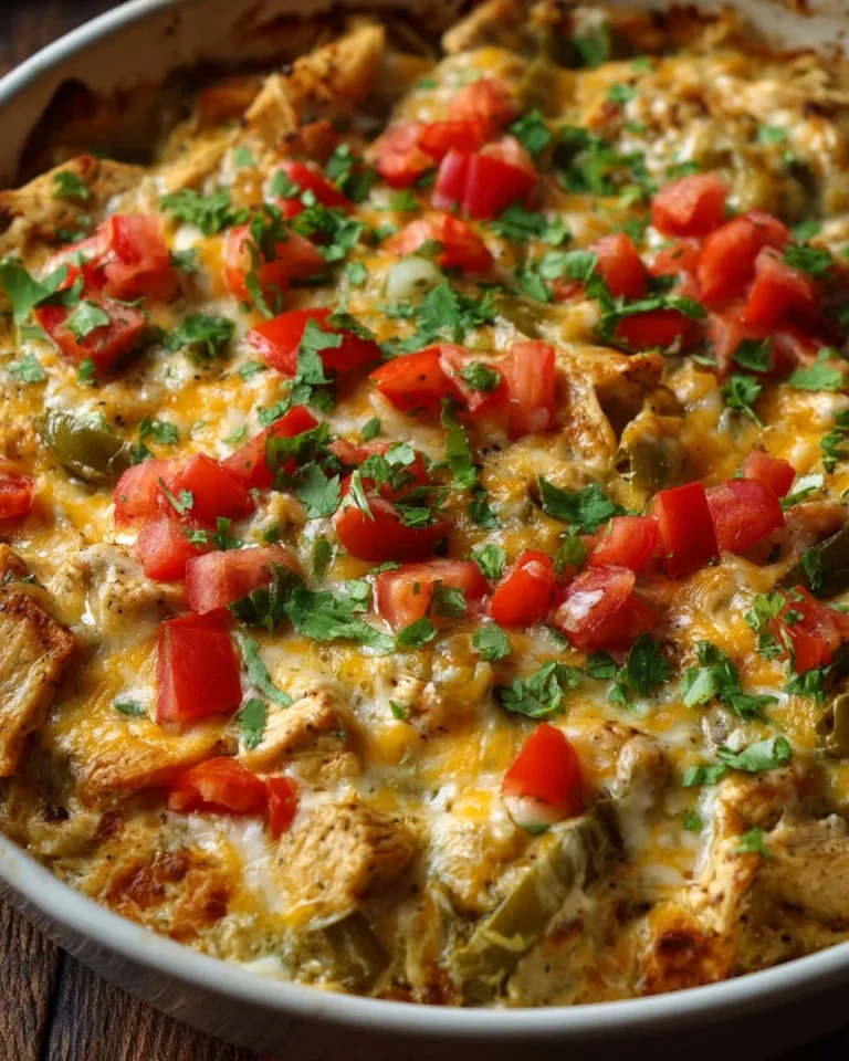 Creamy chicken fajita casserole topped with colorful bell peppers and cheese.