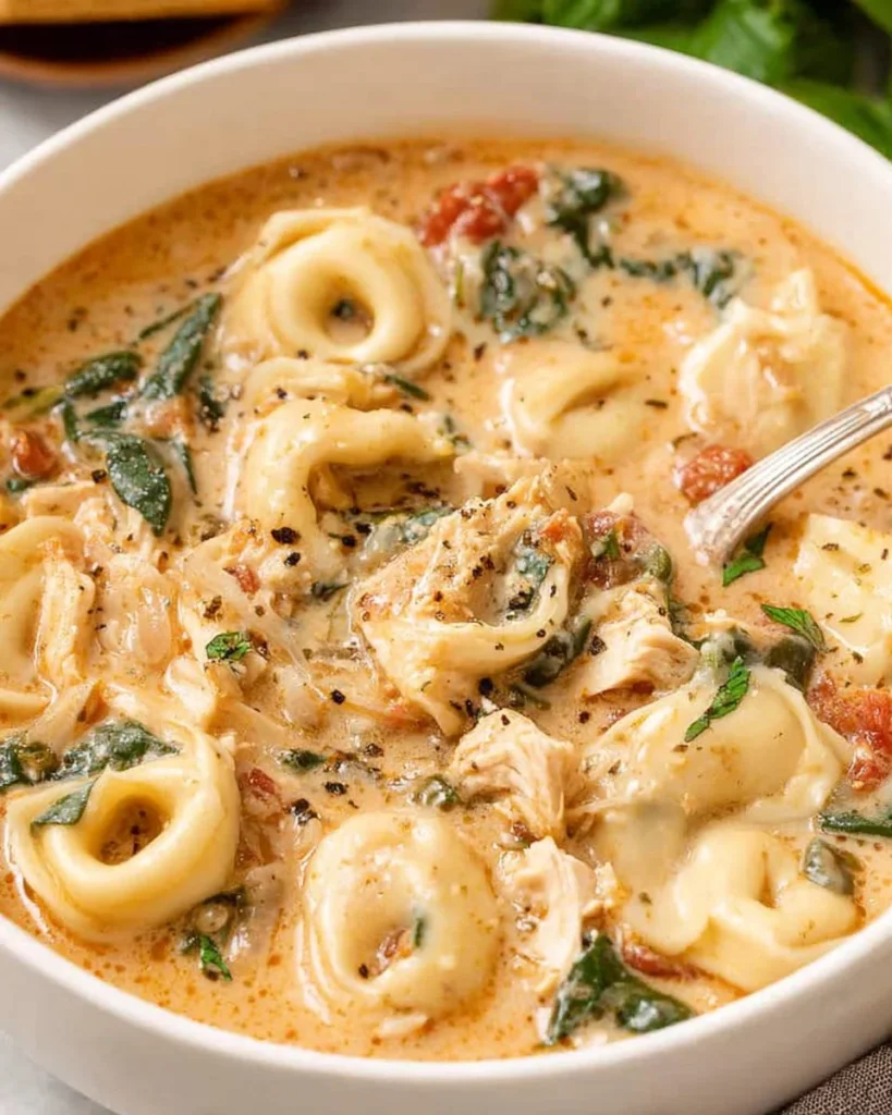 Bowl of creamy chicken tortellini soup with herbs and bread on the side