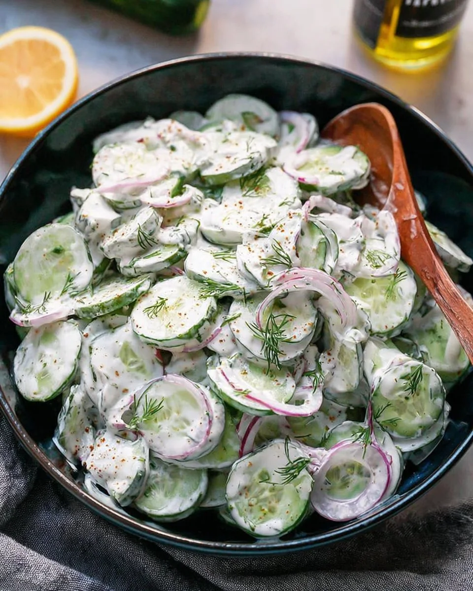 Creamy cucumber salad with Greek yogurt dressing in a bowl
