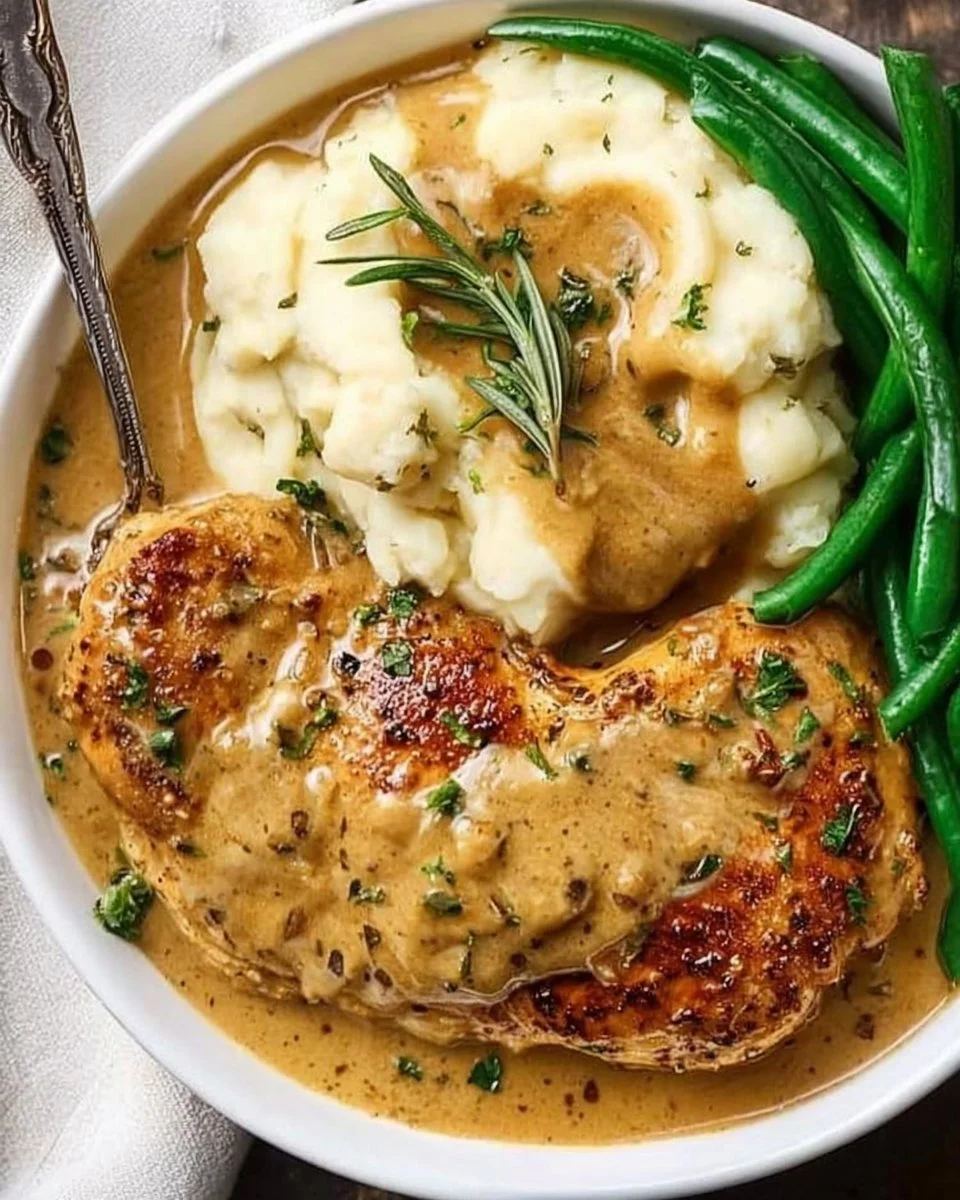 Creamy garlic chicken dish served in a bowl with herbs and spices