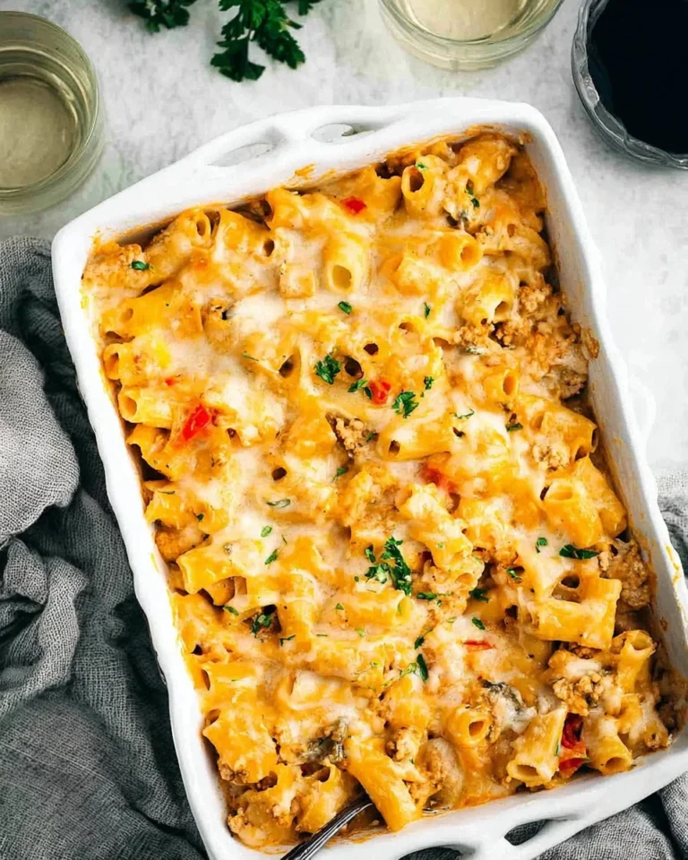 Creamy ground turkey pasta bake served in a casserole dish, garnished with cheese.