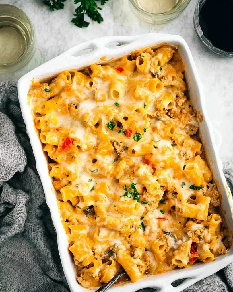 Creamy ground turkey pasta bake served in a casserole dish, garnished with cheese.