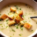 Bowl of creamy leek and potato soup garnished with fresh herbs