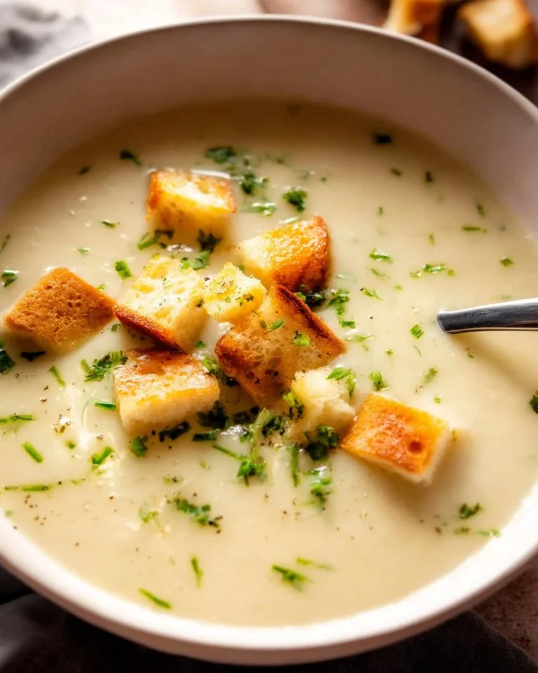 Bowl of creamy leek and potato soup garnished with fresh herbs