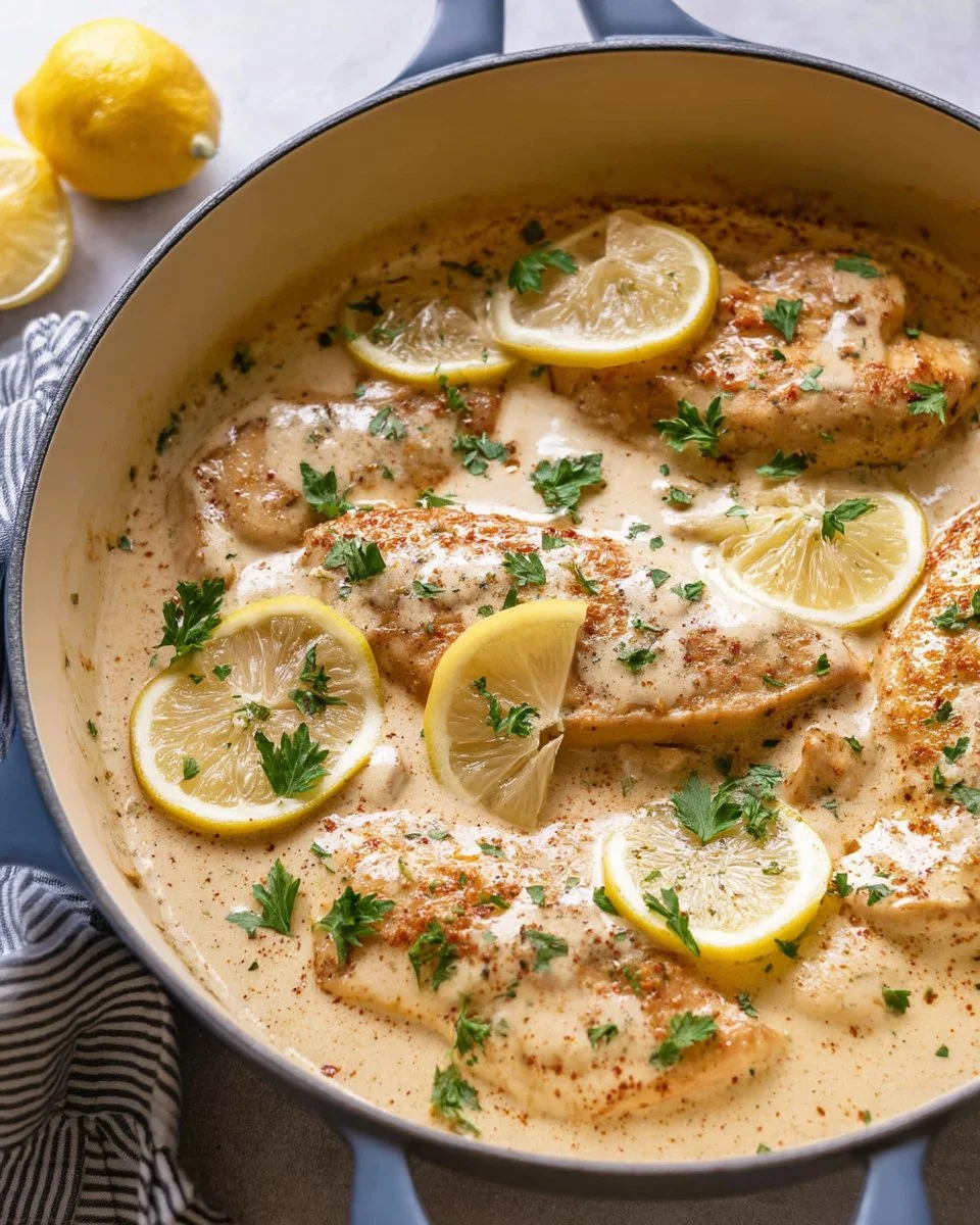Creamy lemon parmesan chicken served with a garnish of parsley and lemon wedges.