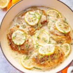 Creamy lemon pepper chicken garnished and served on a white plate