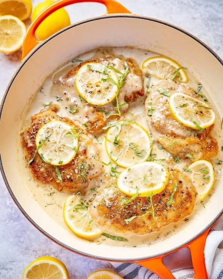 Creamy lemon pepper chicken garnished and served on a white plate