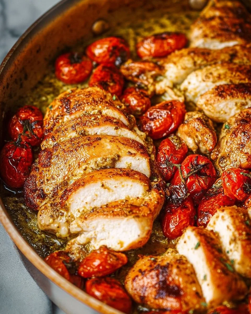 Plate of creamy pesto chicken garnished with fresh herbs and served with pasta