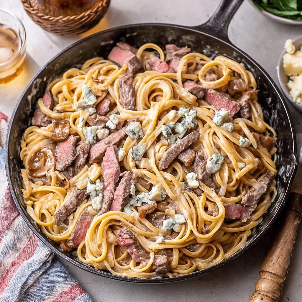 Creamy steak pasta dish served in a bowl with garnishes.