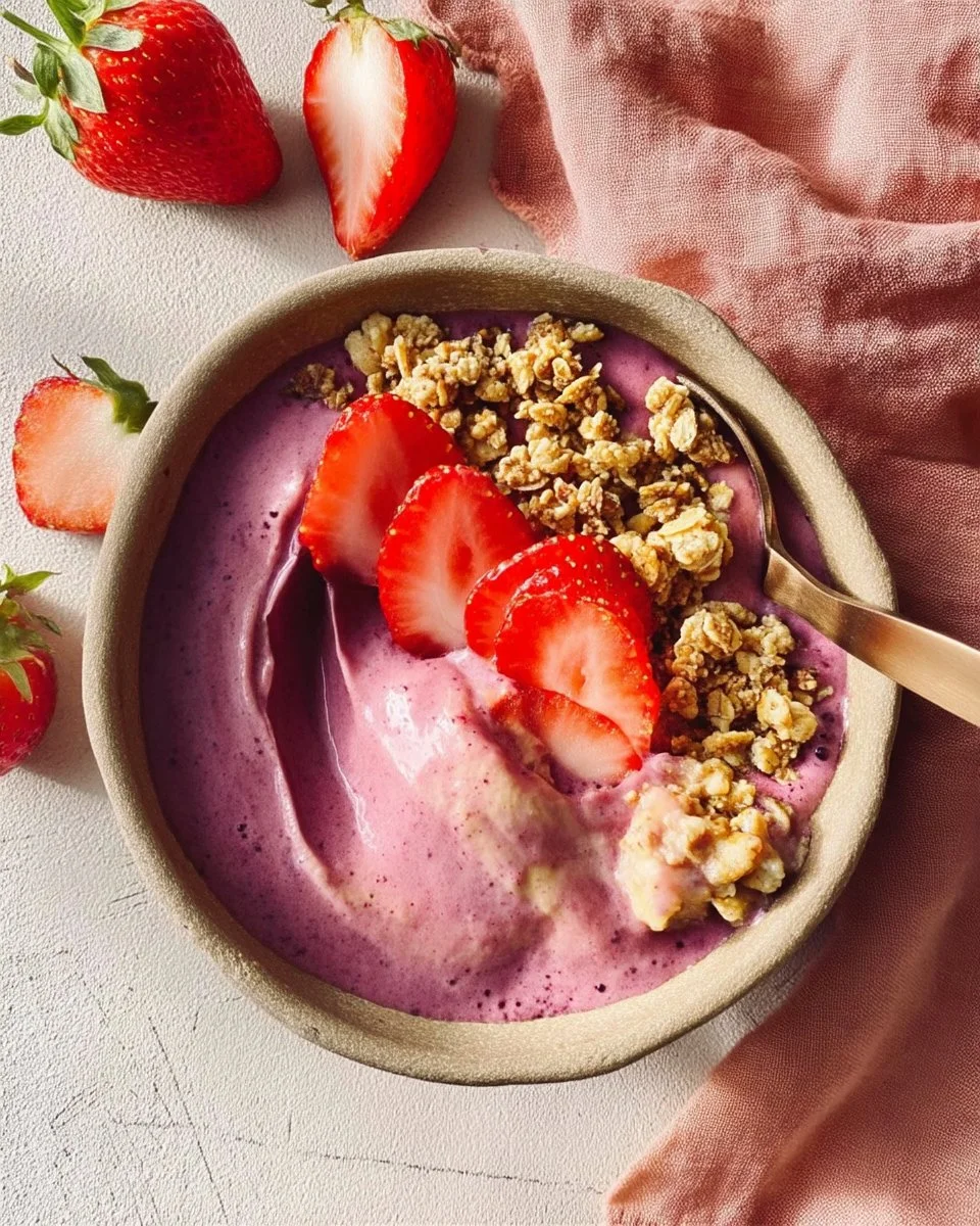 Delicious creamy strawberry smoothie bowl topped with fresh strawberries and granola