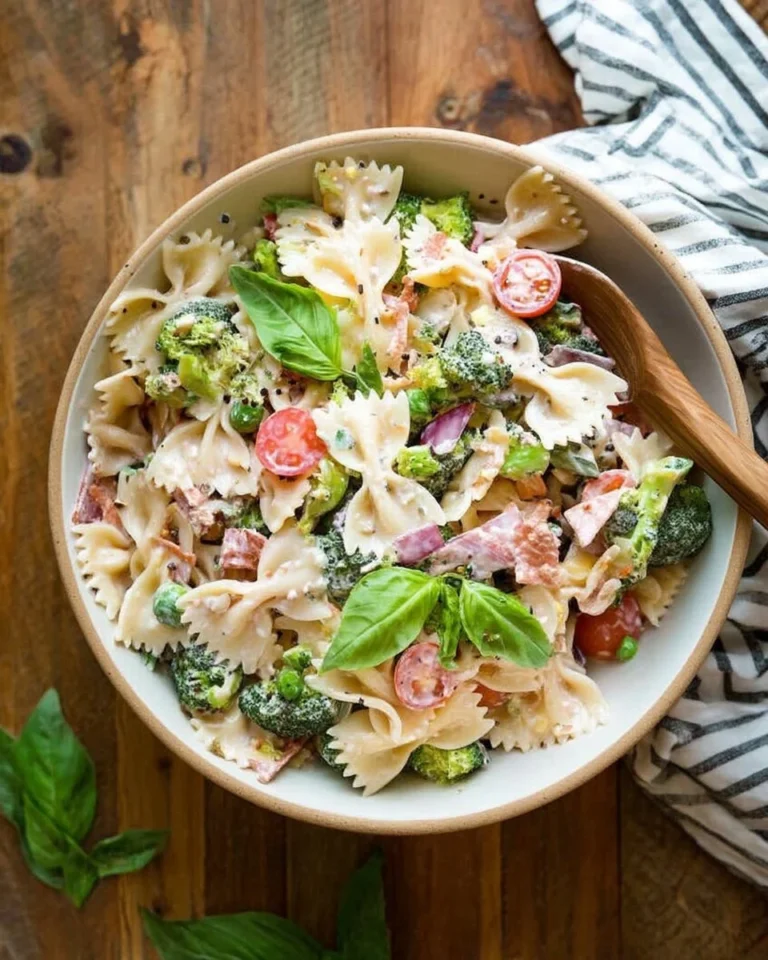 Bowl of creamy vegan pasta salad with fresh vegetables and herbs
