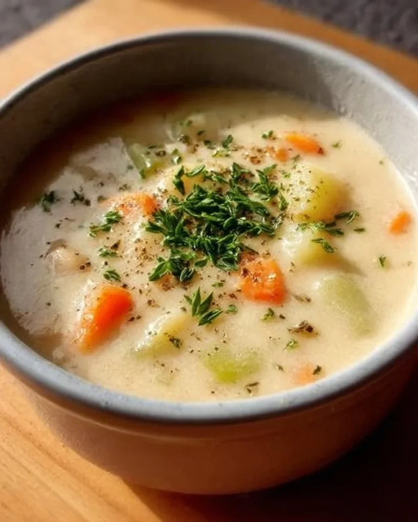 Bowl of creamy white bean soup garnished with herbs and spices