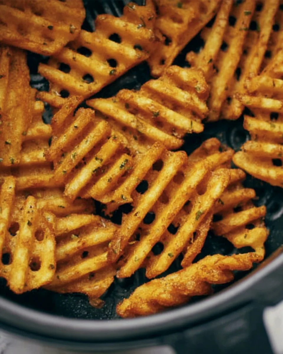 Crispy air fryer frozen waffle fries served as a quick comfort snack