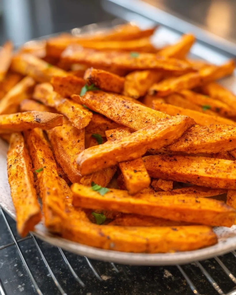 Crispy air fryer sweet potato fries served in a bowl, garnished with herbs