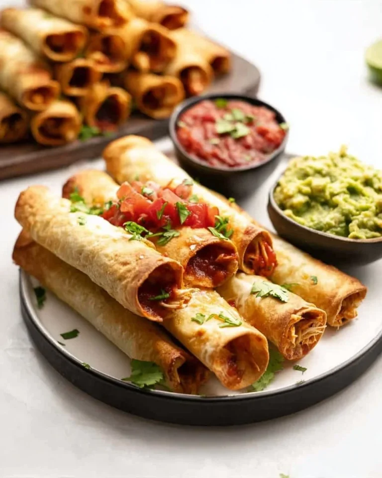 Crispy baked chicken taquitos on a plate with salsa and guacamole