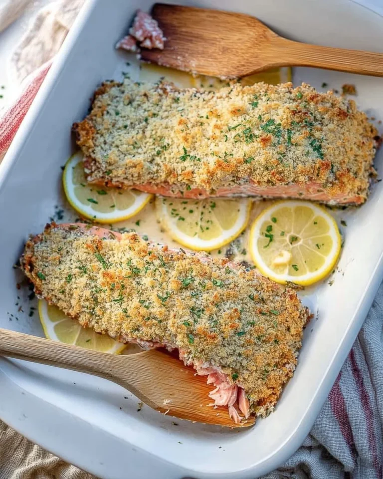 Crispy baked salmon fillet garnished with herbs and lemon on a plate
