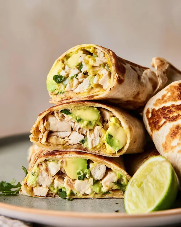 Crispy chicken avocado wraps on a plate garnished with fresh vegetables