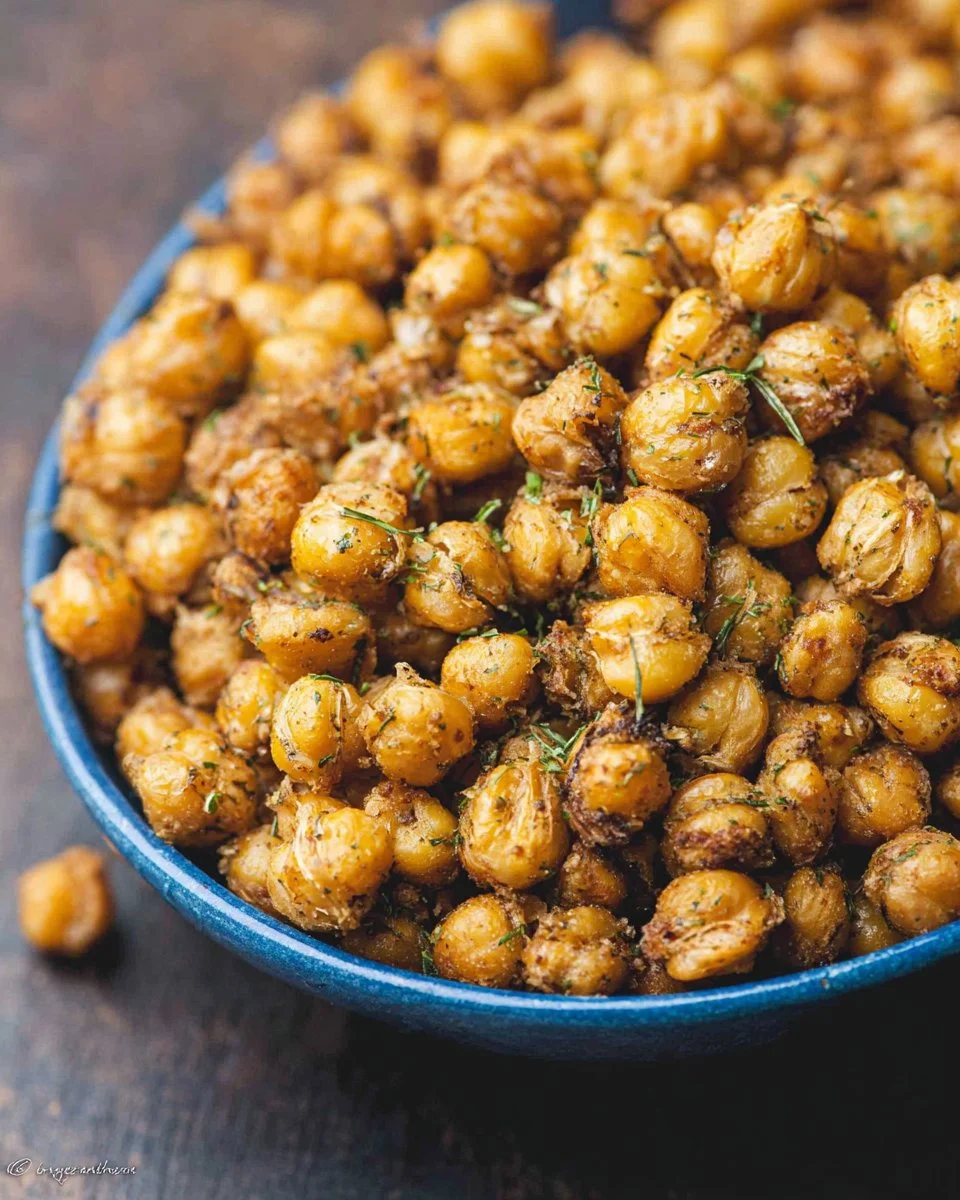 Bowl of crispy roasted chickpeas seasoned with spices