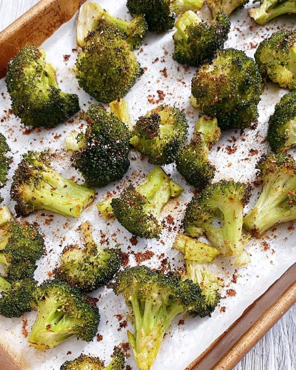 Crispy roasted frozen broccoli on a plate, ready to serve.
