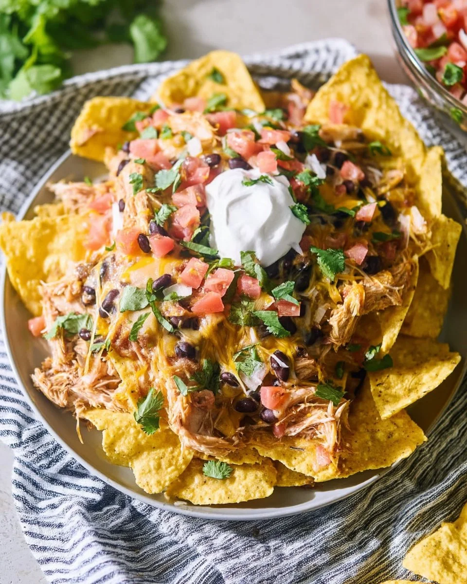 Delicious Crockpot Chicken Nachos topped with cheese and toppings