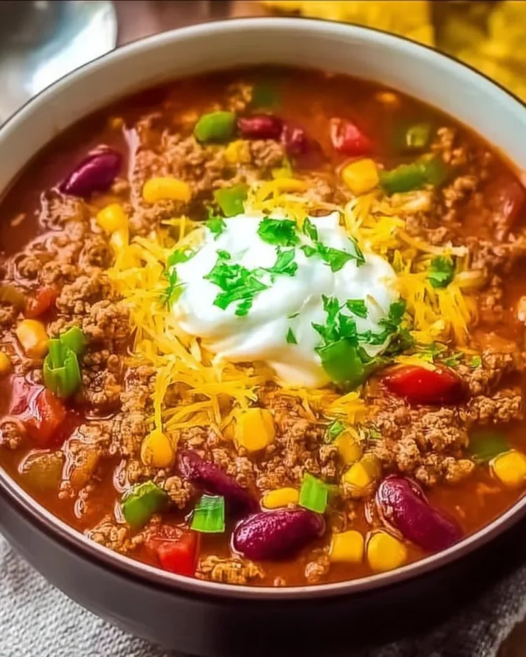 Crockpot ground beef taco soup garnished with cilantro and served in a bowl.