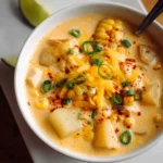 Bowl of creamy crockpot queso chicken chowder garnished with herbs.