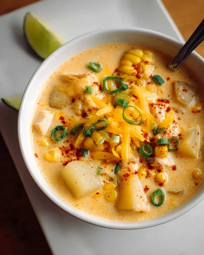 Bowl of creamy crockpot queso chicken chowder garnished with herbs.