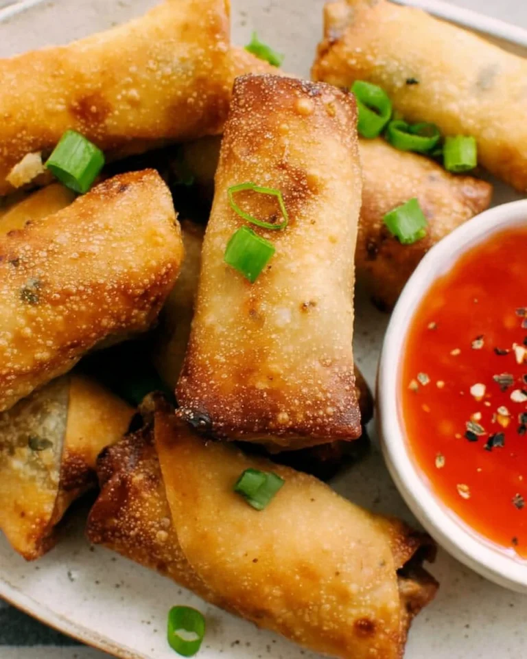 Crispy air fryer egg rolls served with dipping sauce.