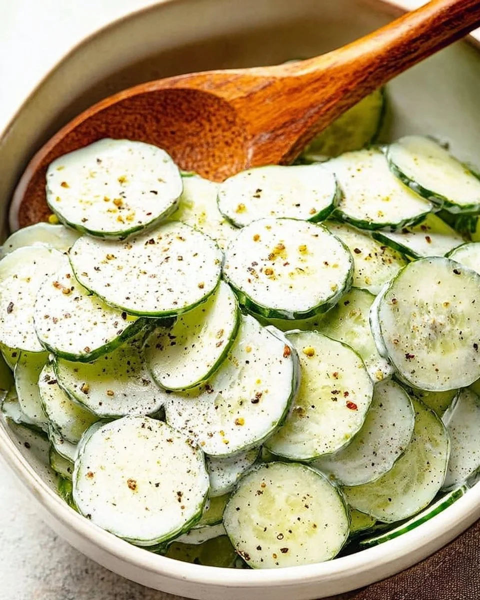 Cucumber salad topped with creamy sour cream dressing in a bowl